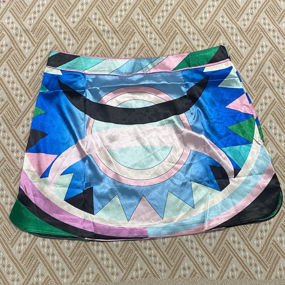 Emilio Pucci Blue, Pink and Green Geometric Satin Mini Skirt